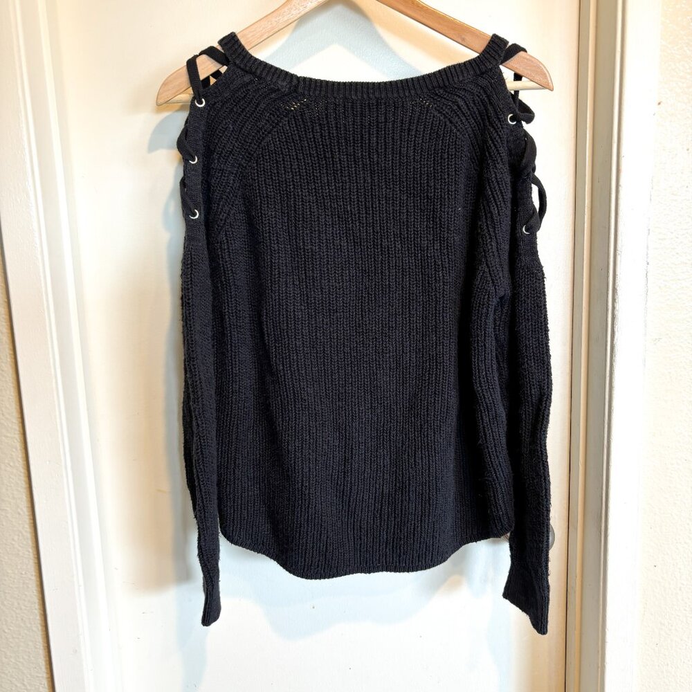 Express Knit Sweater with Lace Up Shoulder Cut Outs Black